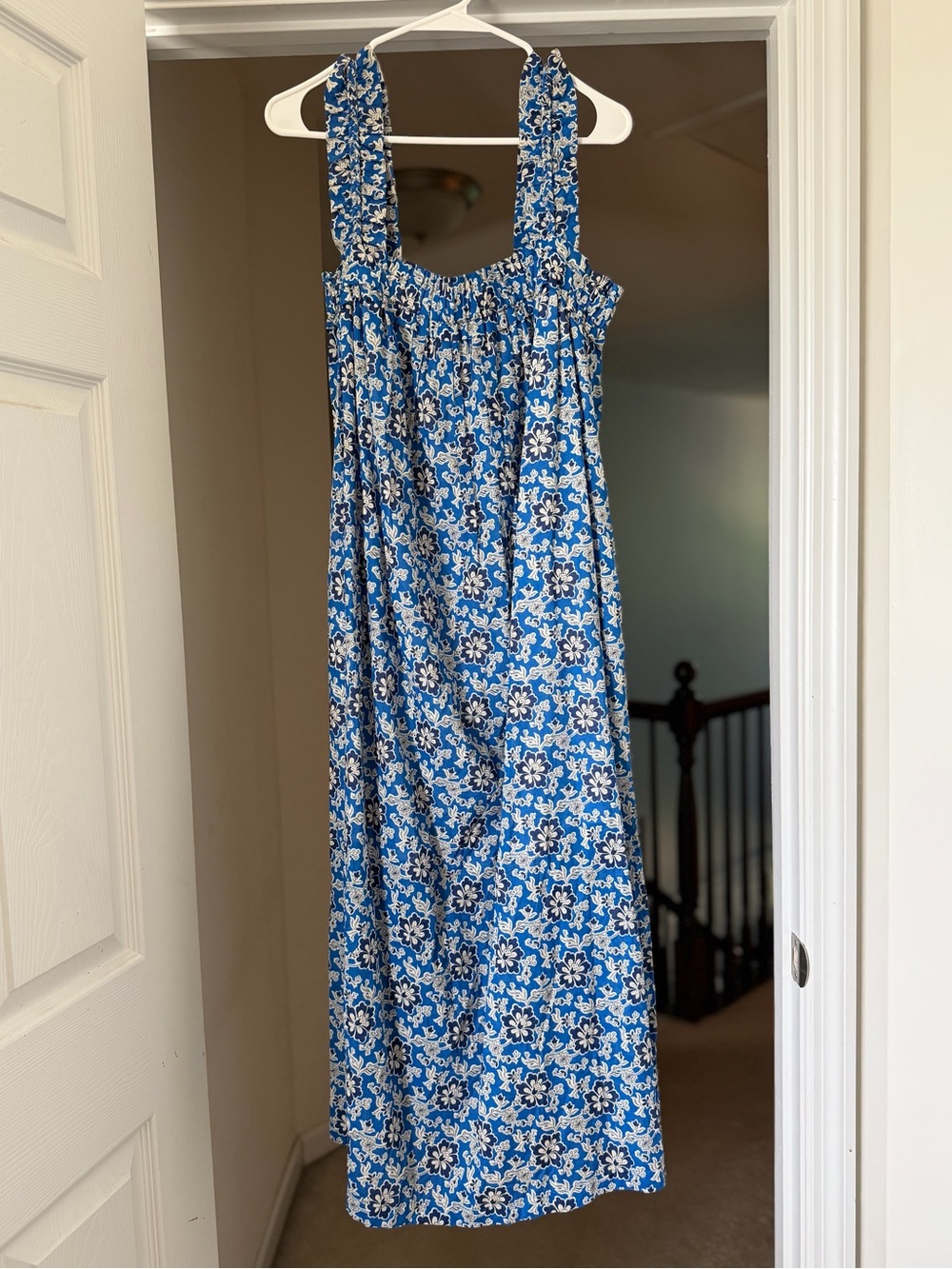 J.Crew Blue Floral Ruffle Strap 100% Cotton Midi Dress Lined Size Small